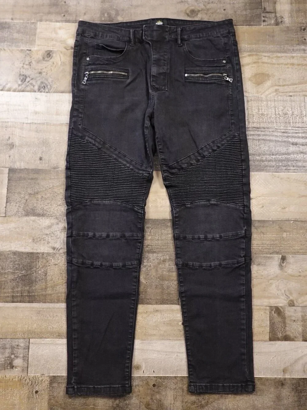 ZLZ Denim Biker Jeans Men’s 38 Black Skinny Moto Zip Pocket Stretch Pants